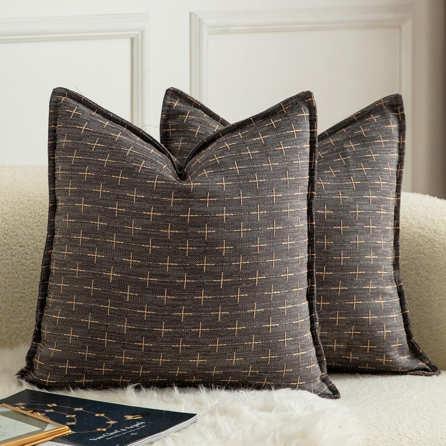 Mandioo Pack of 2 Burlap Linen Cushion Covers Woven Textured Modern Farmhouse Throw Pillow Cases Decorative Couch Sofa Bed Living Room 20 x 20 Inch 50x50 cm Dark grey