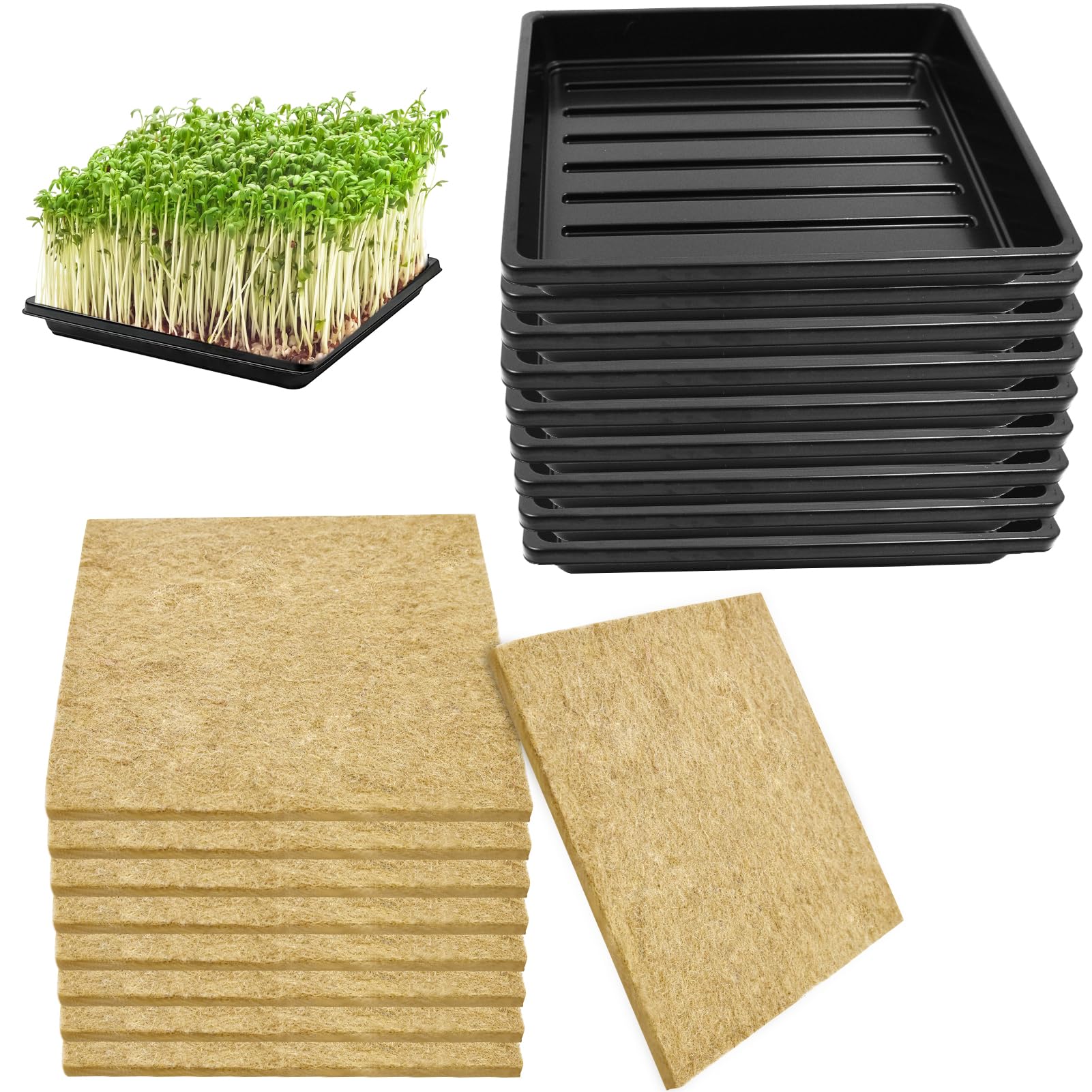 Photo 1 of 9Set Microgreens Growing Mat with Tray, Microgreen Growing Kit 10?×10? Wheatgrass Seed Sprouting Starter Mat Hemp Fiber Grow Tray Hydroponic Jute Pads Indoor Organic Production for Germination Sprouts