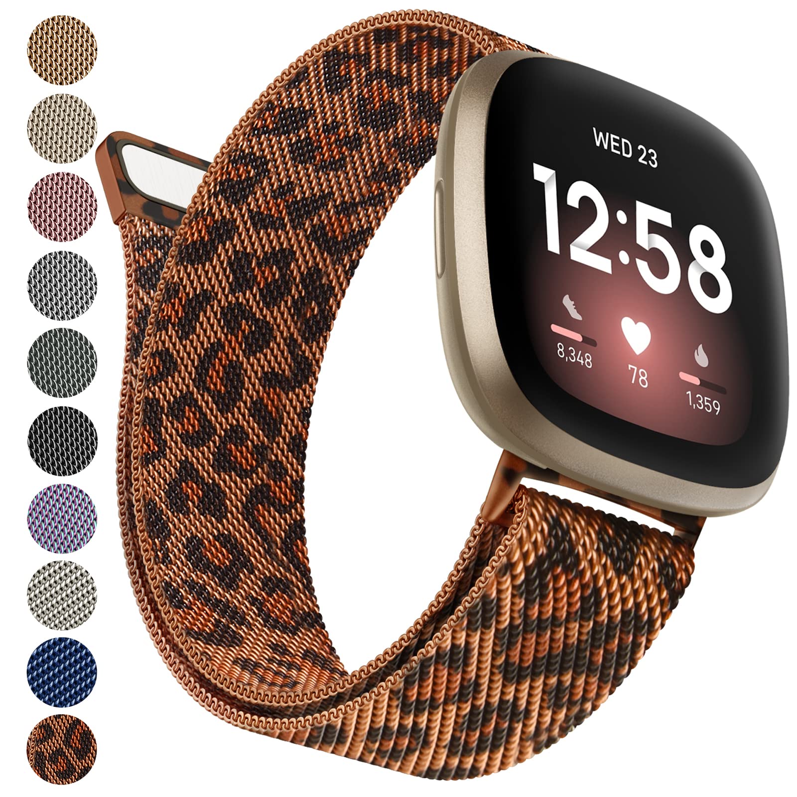 Fitbit Compatible Mesh Loop Adjustable Wristband Replacement Metal Strap (Leopard, Large)