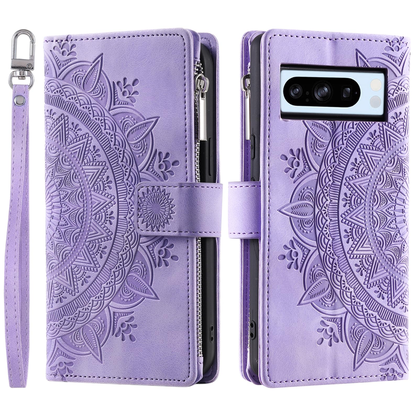 VEEMOS Wallet Case for Google Pixel 8 Pro Flower Flip Case Protective Leather Folio Book Phone Cover with Card Slots Kickstand Zipper Pocket - Purple