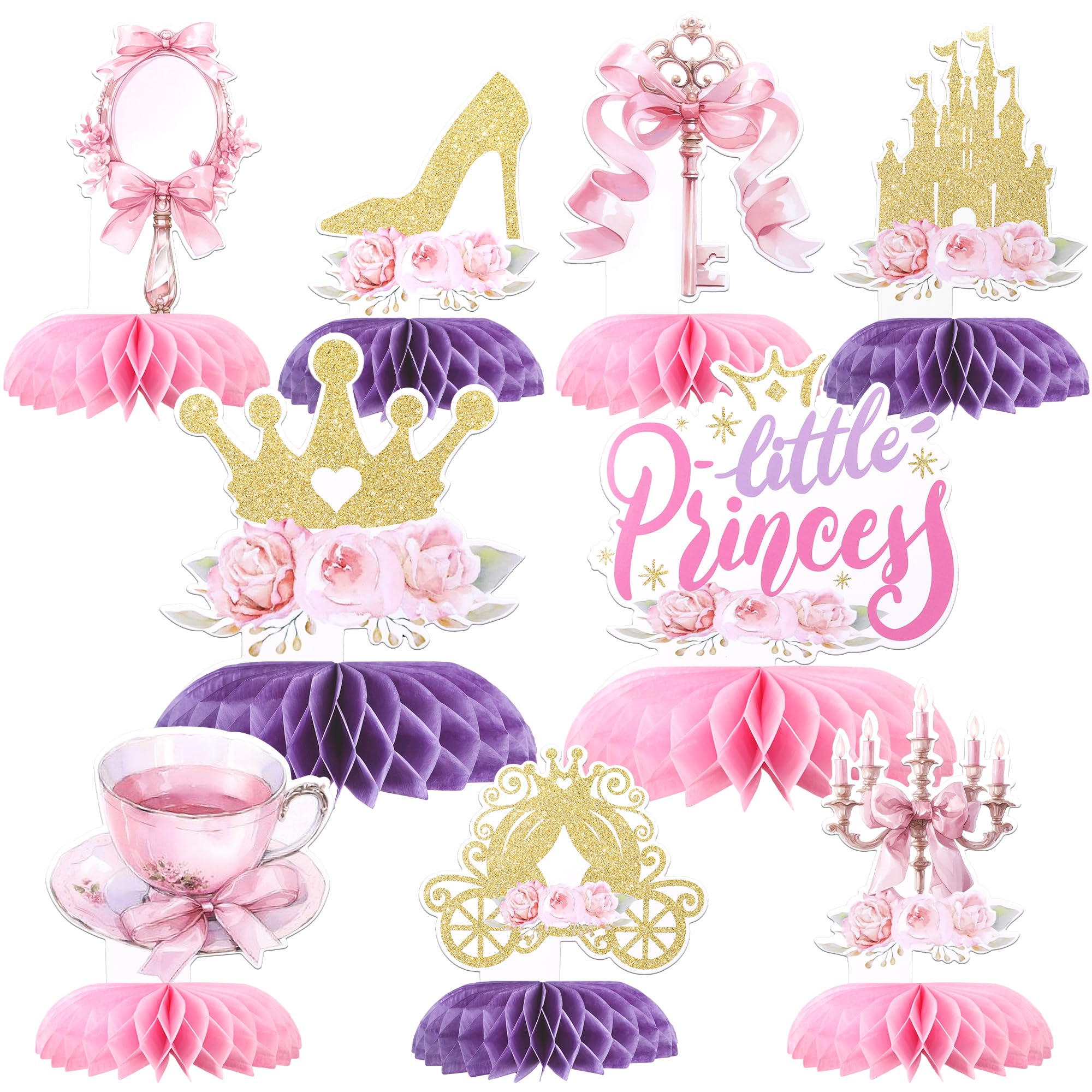 10 Pack Princess Honeycomb Table Centerpiece Double Sided Crown Carriage Baby Shower Table Toppers Centerpieces Decro for Princess Theme Anniversary Birthday Party Table Decorations Supplies