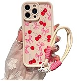 FXFOOT Aesthetic Pink Bow Cherry Phone Case Compatible for iPhone 13 Pro Max Case, with Adjustable Anti-Drop Wrist Strap - Full-Body Shockproof Protection, Raised Camera & Edge Guards