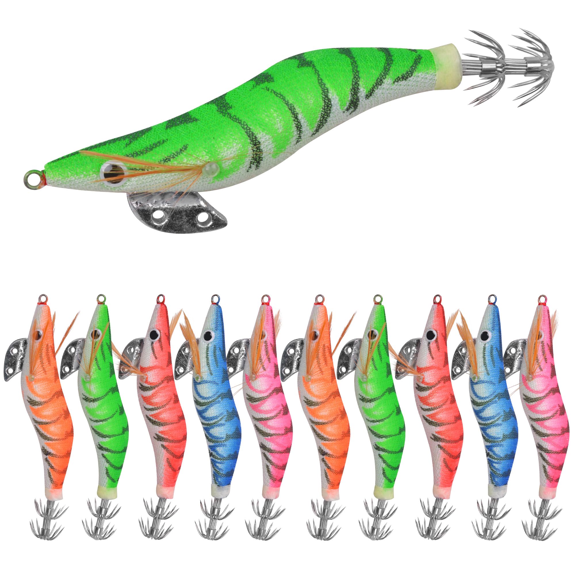 Squid Jigs Luminous Hard Shrimp Lures Artificial Bait Luminous Tail Fishing Jigs Hook Colorful Squid Lures for Octopus Cuttlefish Sea Fishing(2.5#-10PCS)