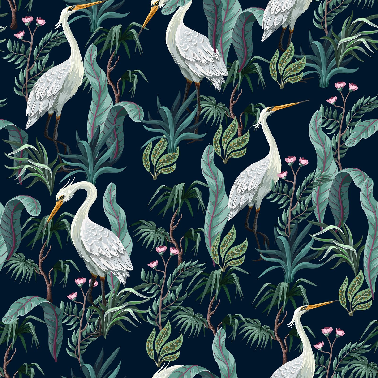 Photo 1 of ReWallpaper Navy Blue Tropical Wallpaper Peel and Stick Retro Green Botanical Wallpaper for Bedroom Removable White Crane Bird Wall Paper for Bathroom Waterproof Contact Paper Shelf Liner 17.5in×10ft