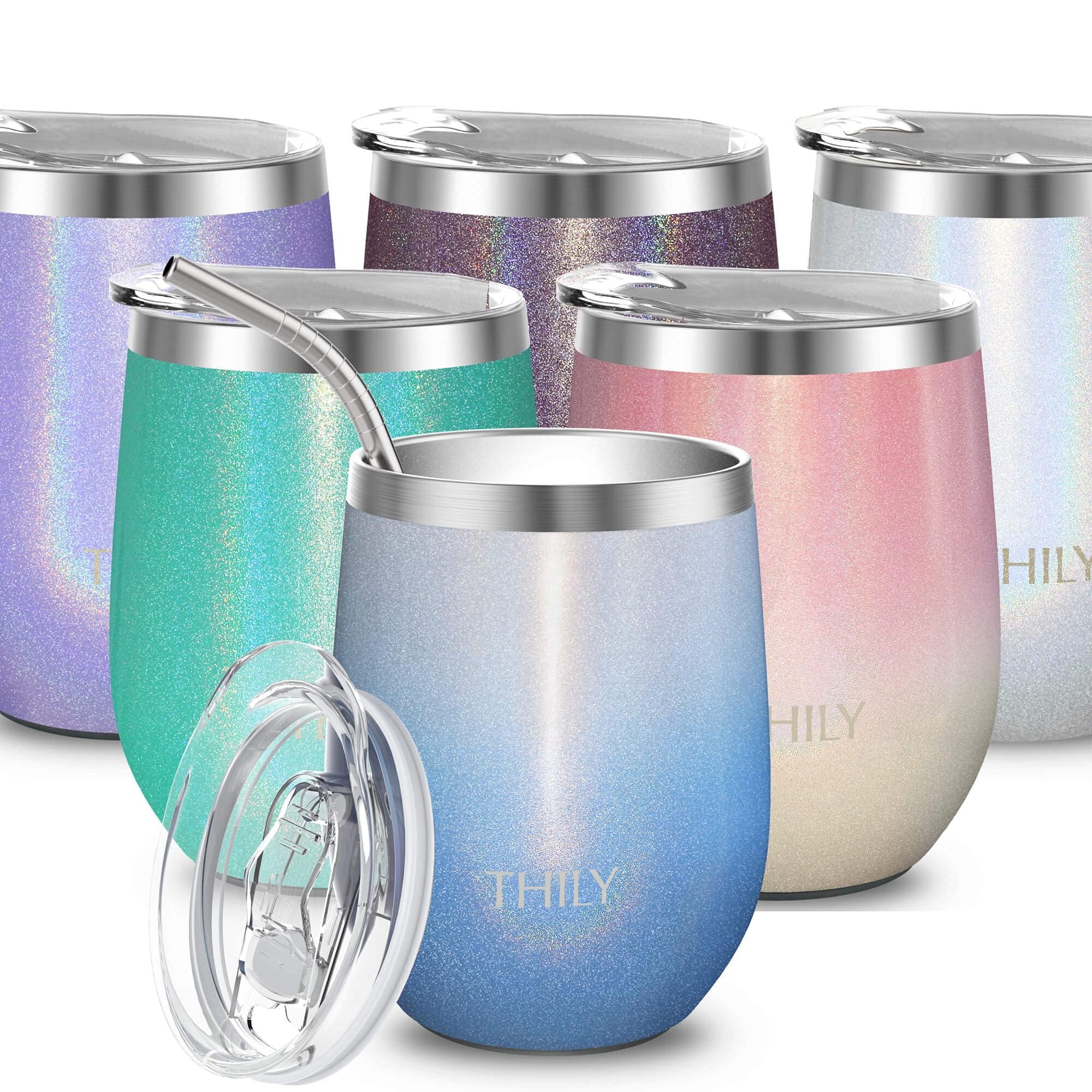 THILY 12oz Stainless Steel Wine Tumbler - Vacuum Insulated Stemless Wine Glass with Sliding Lid and Reusable Straw, Keeps Drinks Hot & Cold, Perfect for Coffee, Cocktails, Glitter Blue Sky