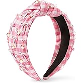 Y1tvei Bow Checked Knotted Headband - Coquette Pink Bow Checked Crystal Rhinestone Pearl Embellished Headband Wide Top Knot Fashion Non Slip Trendy Plaid Hair Accessories Gift for Women Christmas
