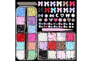 TATIWOO Bows Nail Charms, 3D Flowers Bows Nail Art, Colorful Nails Flower and Bow Charm, Assorted Bowknot Flowers Butterfly Star Heart Half Pearls Gems Beads Charm for Nails Art DIY Supplies