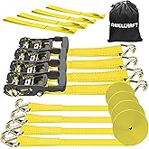 AWELCRAFT Ratchet Straps (4PK) - 4500lbs Breaking Strength 1.5''×15' Heavy Duty Tie Down Straps with Padded Handles, Double J Hooks & Soft Loops for Moving Motorcycle, Trailer & Trucks (Yellow)