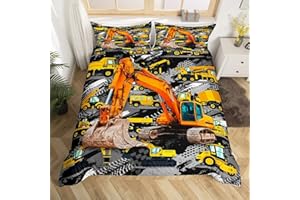 Homewish Children Excavator Duvet Cover Set Twin Size Teens Cartoon Truck Bedding Set 2pcs for Kids Room Decor Boys Construction Vehicle Comforter Cover with 1 Pillowcase Yellow Car Bedspread