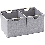 HOONEX Large Foldable Storage Bins, Linen Fabric, 2 Pack, with Wooden Carry Handles and Sturdy Heavy Cardboard, for Home, Off