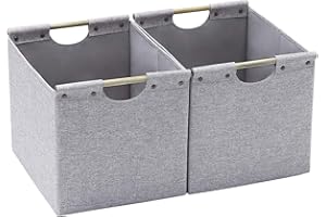 HOONEX Large Foldable Storage Bins, Linen Fabric, 2 Pack, with Wooden Carry Handles and Sturdy Heavy Cardboard, for Home, Office, Car, Nursery, Light Grey