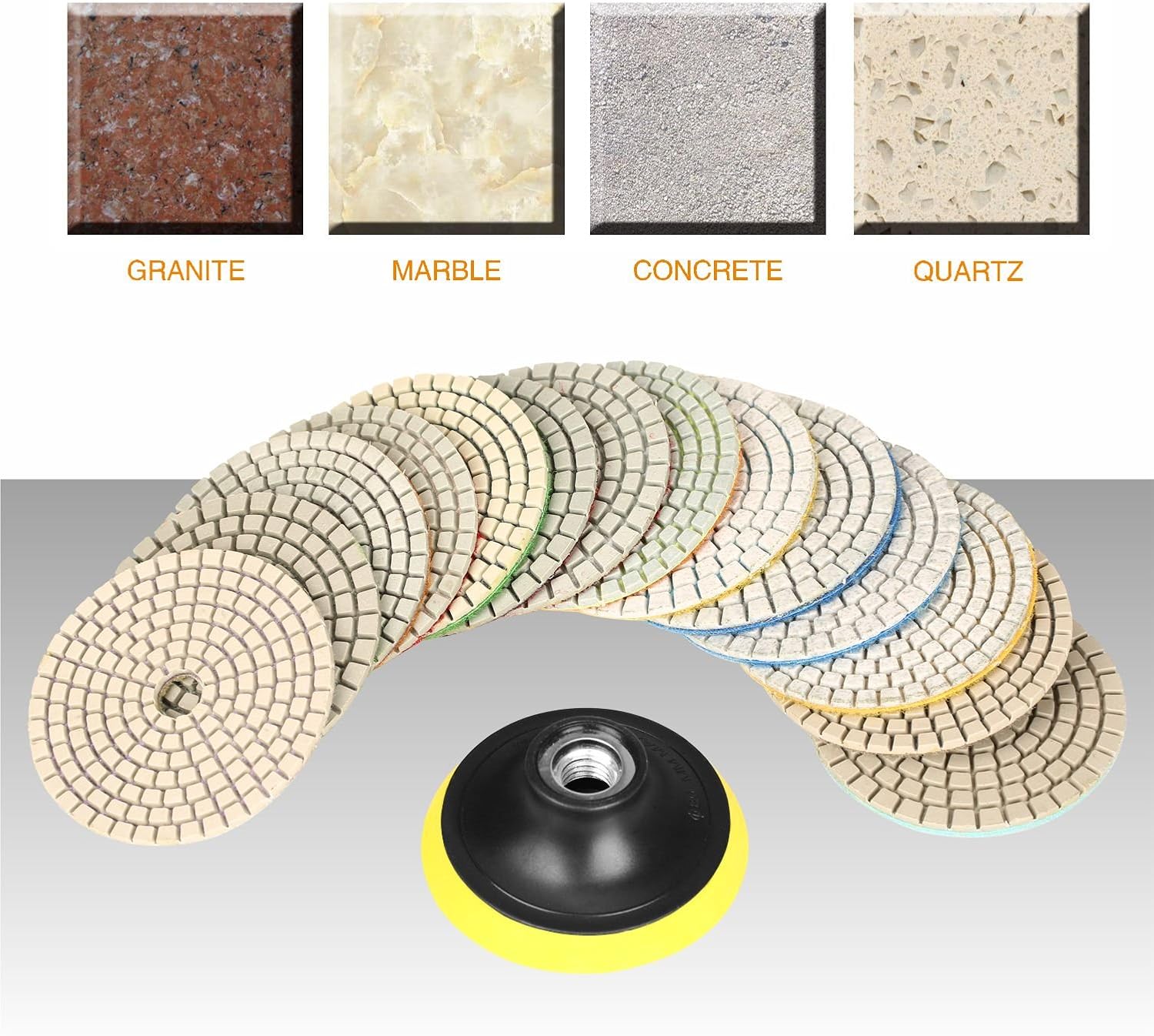 SPTA 15pcs Diamond Wet Polishing Pads Set, 4 inch Pads for Granite Stone Concrete Marble Floor Grinder or Polisher, 50#-6000# with Hook & Loop Backing Holder Pads for Wet Polisher - - 