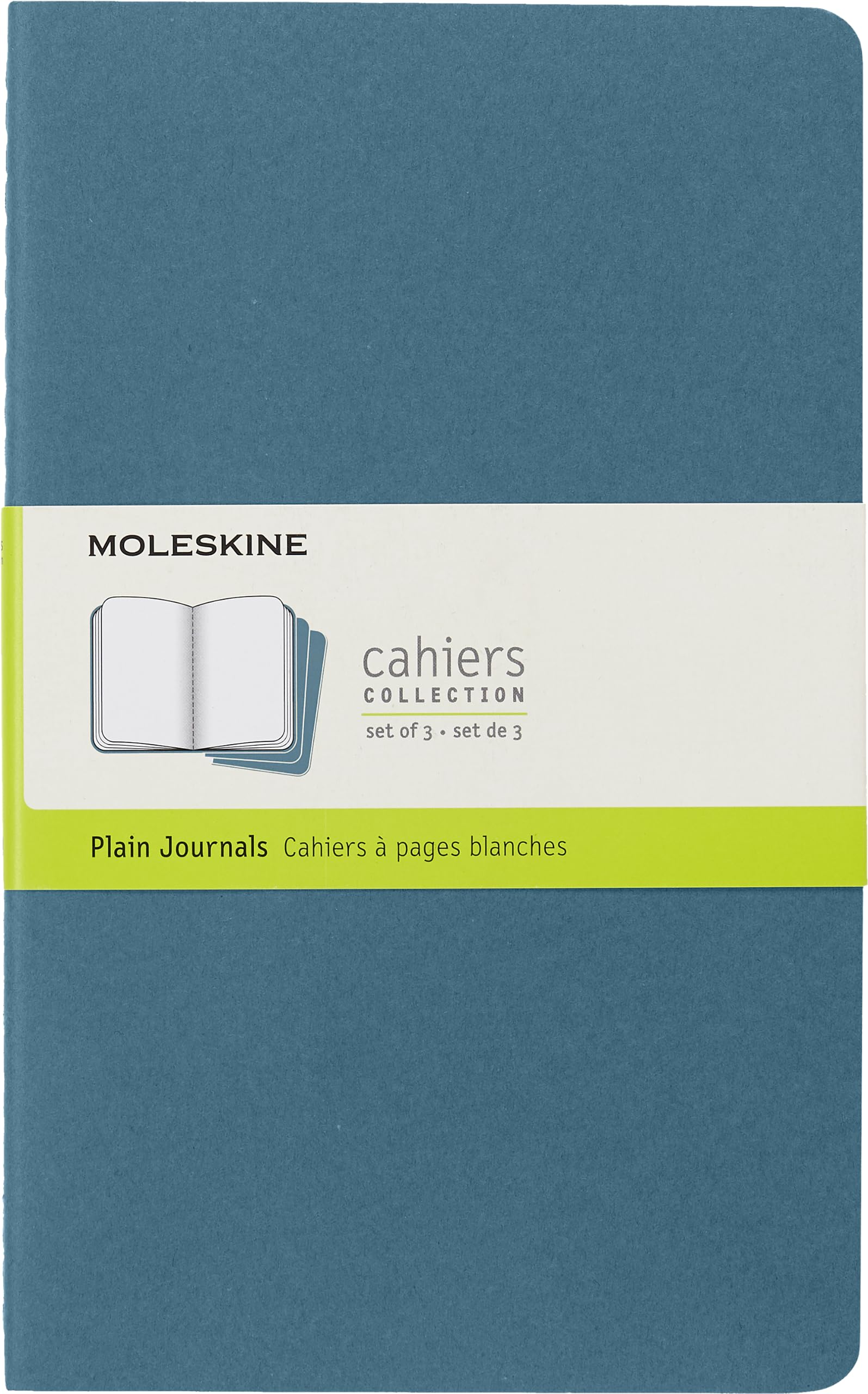 Moleskine Cahier Journal, Set 3 Notebooks with Plain Pages, Cardboard Cover with Visible Cotton Stiching, Colour Brisk Blue, Large 13 x 21 cm, 80 Pages