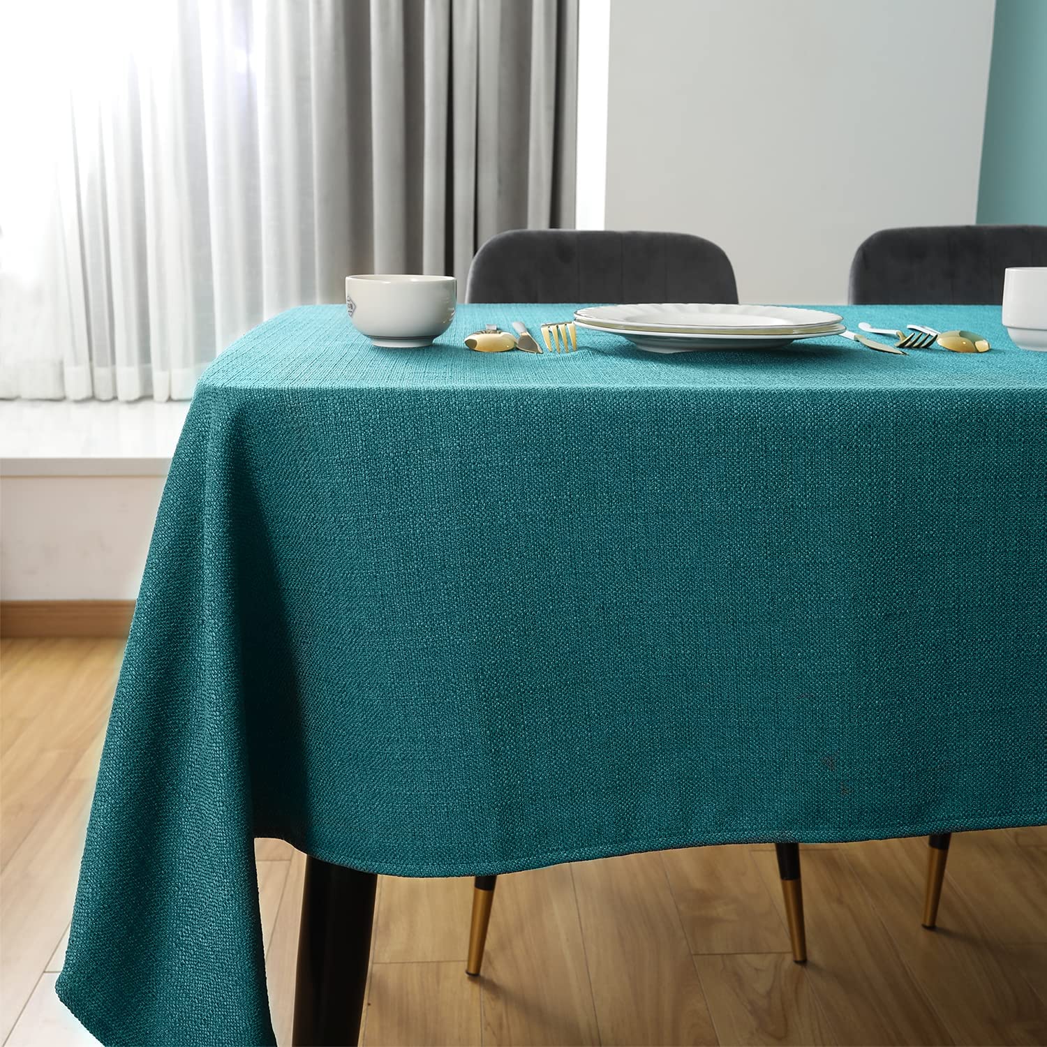 SEASHORE TREE Rectangle Table Cloth – Wipe Clean Tablecloth, Thick Faux Linen Waterproof Table Cover for Dining Room, Kitchen, Home, or Restaurant, Teal 84.6" x 57.1"