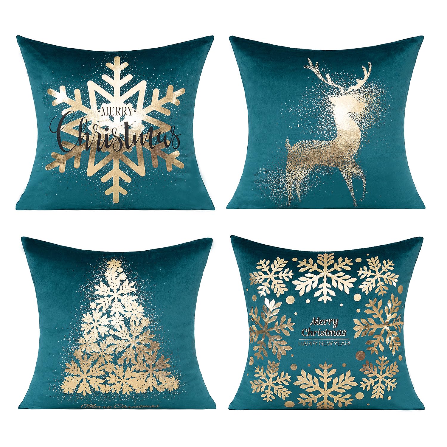 All Smiles Teal Gold Christmas Decorations Throw Pillow Covers Cases 18X18 Set of 4 Turquoise Xmas Indoor Home Décor Ornaments Velvet Navidad Cushion for Sofa Couch Tree Snowflake Reindeer
