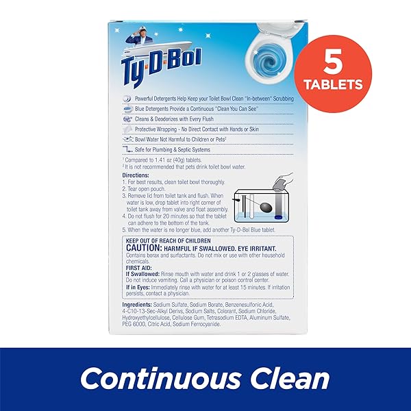 TY-D-BOL BLUE TABLETS VALUE 5 PACK, CLEANS AND DEODORIZER TOILETS FOR A FRESH SMELLING BATHROOM