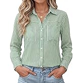 Kistore Womens Button Down Shirts Striped Linen Long Sleeve Blouses Business Casual Office Work Tops Loose Fit with Pockets