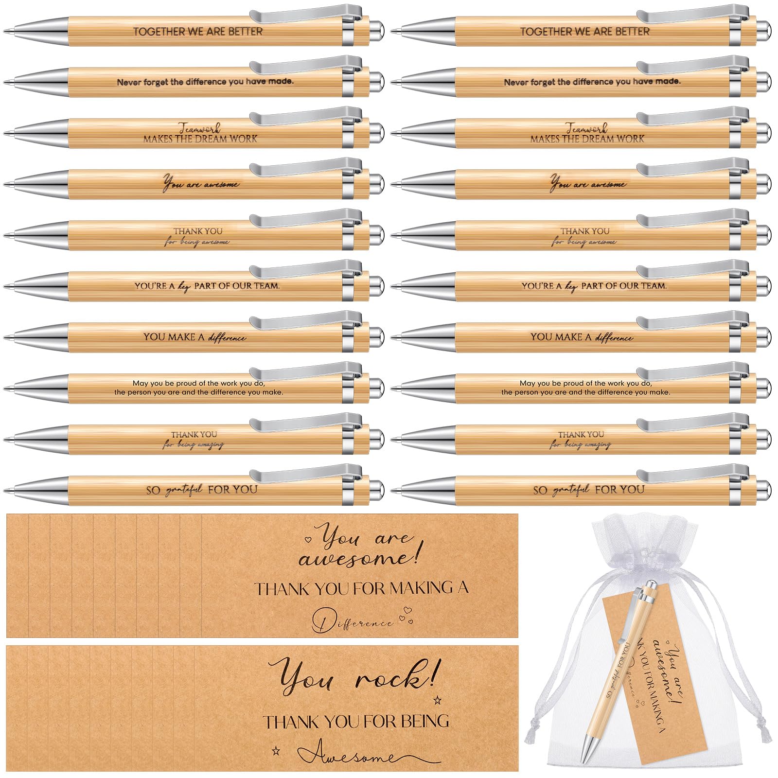 Tenare 60 Pcs Thank You Gift for Colleague Inspirational Bamboo Ballpoint Pen Thank You Card with Organza Bag Motivational Pen Appreciation Gifts for Employee Coworker Office Teacher Volunteer