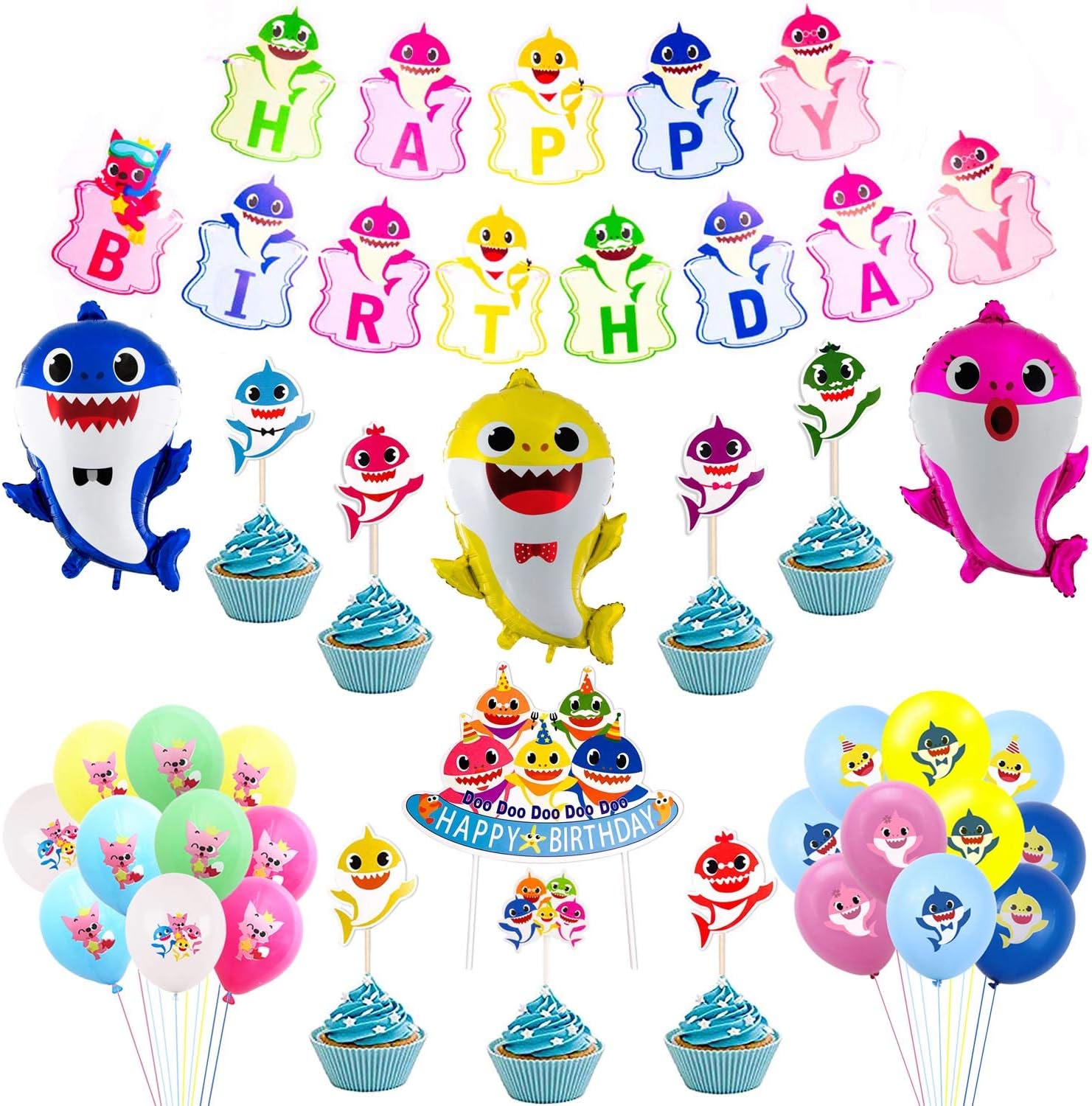 Kobit Cute Shark Party Supplies 49 Pcs Birthday Decorations include 1 Happy Birthday Banner, 1 Cake Topper, 24 Cupcake Toppers, 20 Mini Shark Balloons, 3 Big Shark Balloons for Kids Birthday Baby Shower Themed Party Decoration