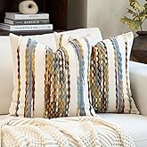 Aeckself Boho Pillow Covers 18x18 Inch Set of 2, Farmhouse Decorative Striped Square Chenille Tufted Accent Neutral Throw Pillow Covers for Living Room Couch Bed, Orange White