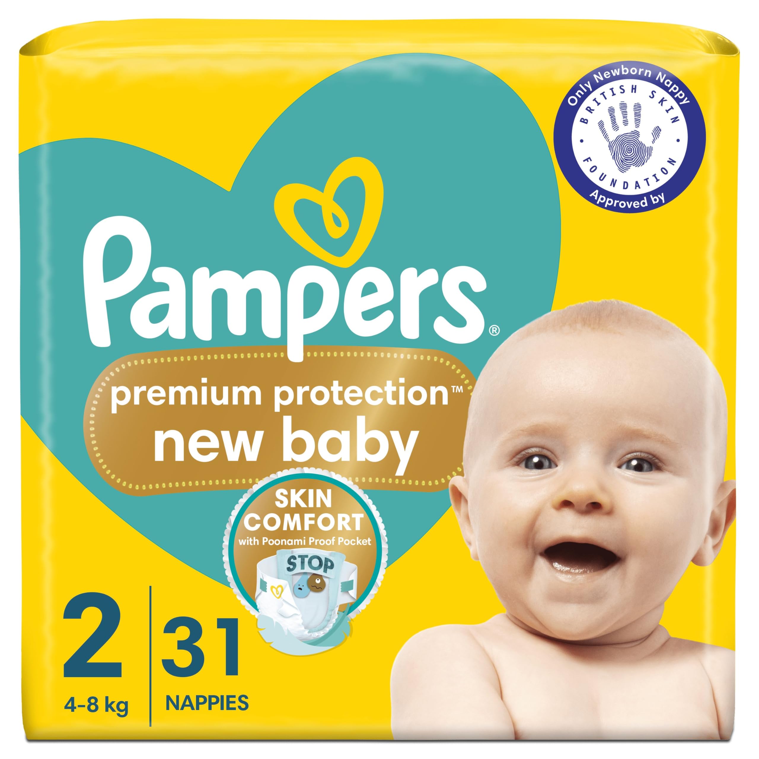 Pampers Premium Protection New Baby Size 2, 31 Nappies, 4kg-8kg, Carry Pack, Double Protection for skin and against leaks