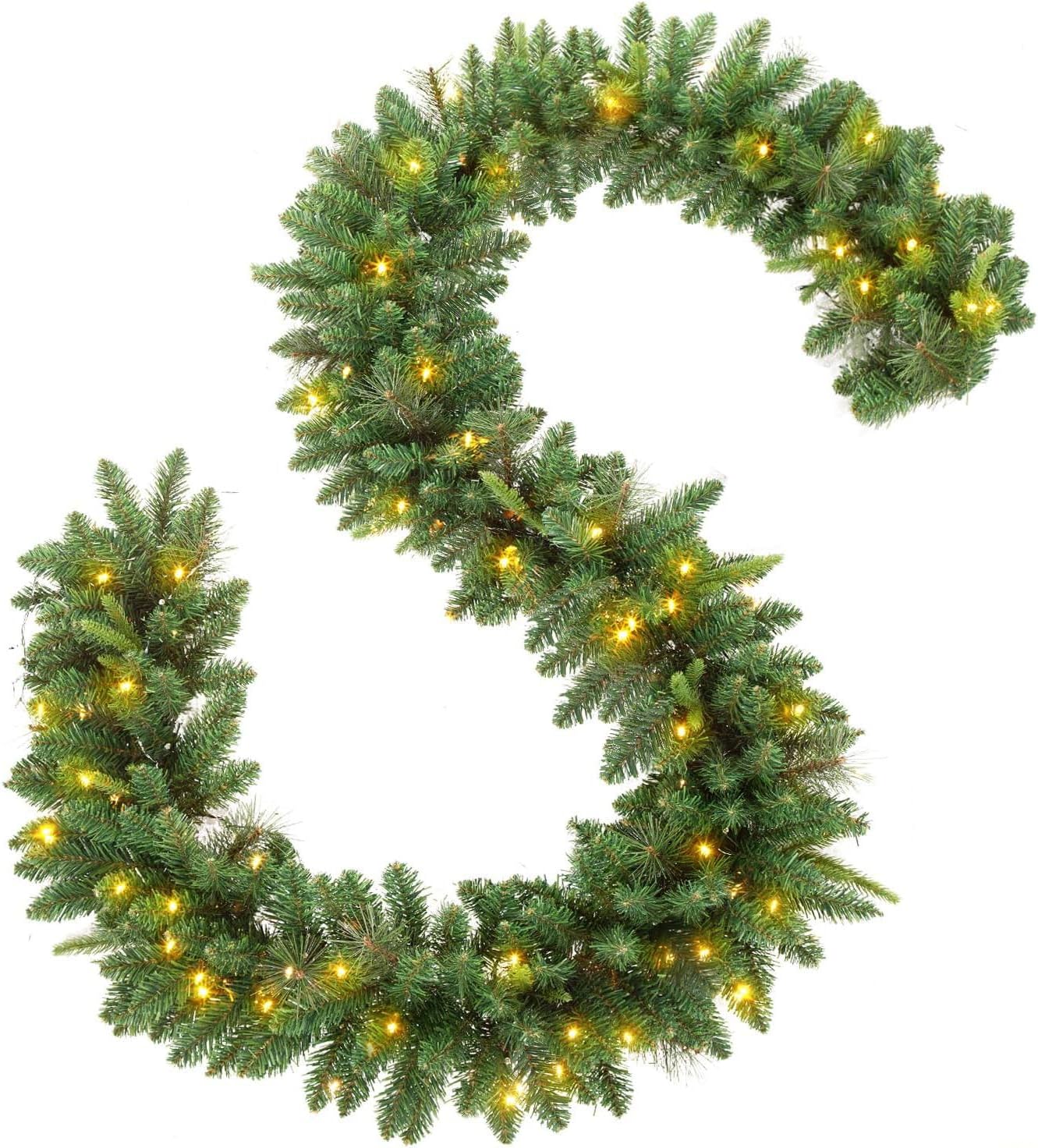 Wreaths, Garlands & Swags - KING BIRD 9 FT by 12 Inch Christmas Garland, Pre-lit Garland with 50 Warm Lights, Classic Green Christmas Garland with 300 Branch Tips for Indoor and Outdoor Decoration