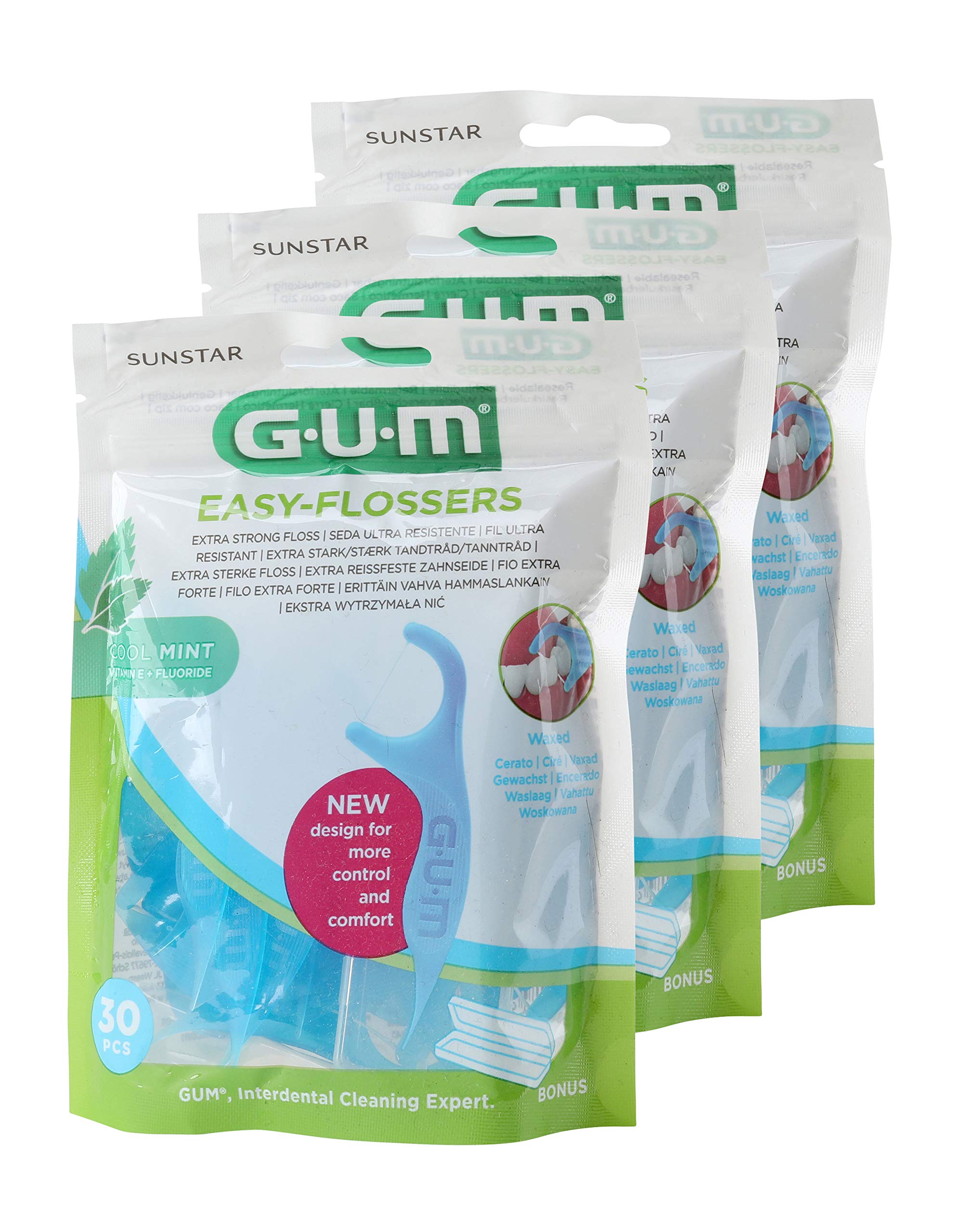 GUM Dental Flosser, 90 Count, Mint, Flavored, Wax Coating, Includes Floss Dispenser, 3 Pack