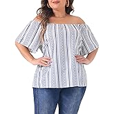 Agnes Orinda Plus Size Summer Boho Shirt Top for Women Off Shoulder Short Sleeve T-Shirts Casual Blouses Tops