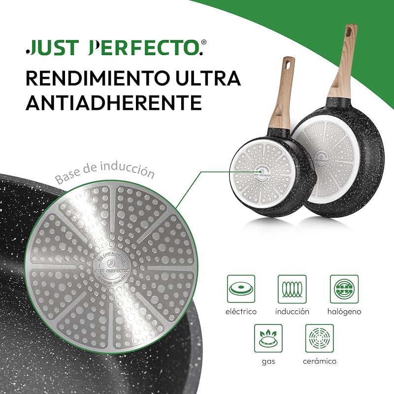 JUST PERFECTO Bateria de Cocina Induccion y Sartenes Antiadherentes - Ollas Cocina 24cm,18cm - Sartenes induccion 24,28 cm - Sartén Hondo con Tapa 24 cm - Cacerolas Para Induccion incluidas Espátula