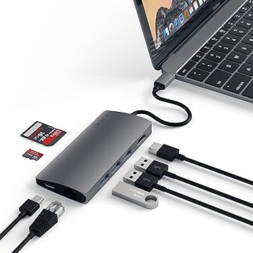 SATECHI Multiport-Adapter V2 aus Aluminium mit 4K HDMI (30 Hz), Gigabit Ethernet, USB-C Ladefunktion, MicroSD/SD-Kartenleser,