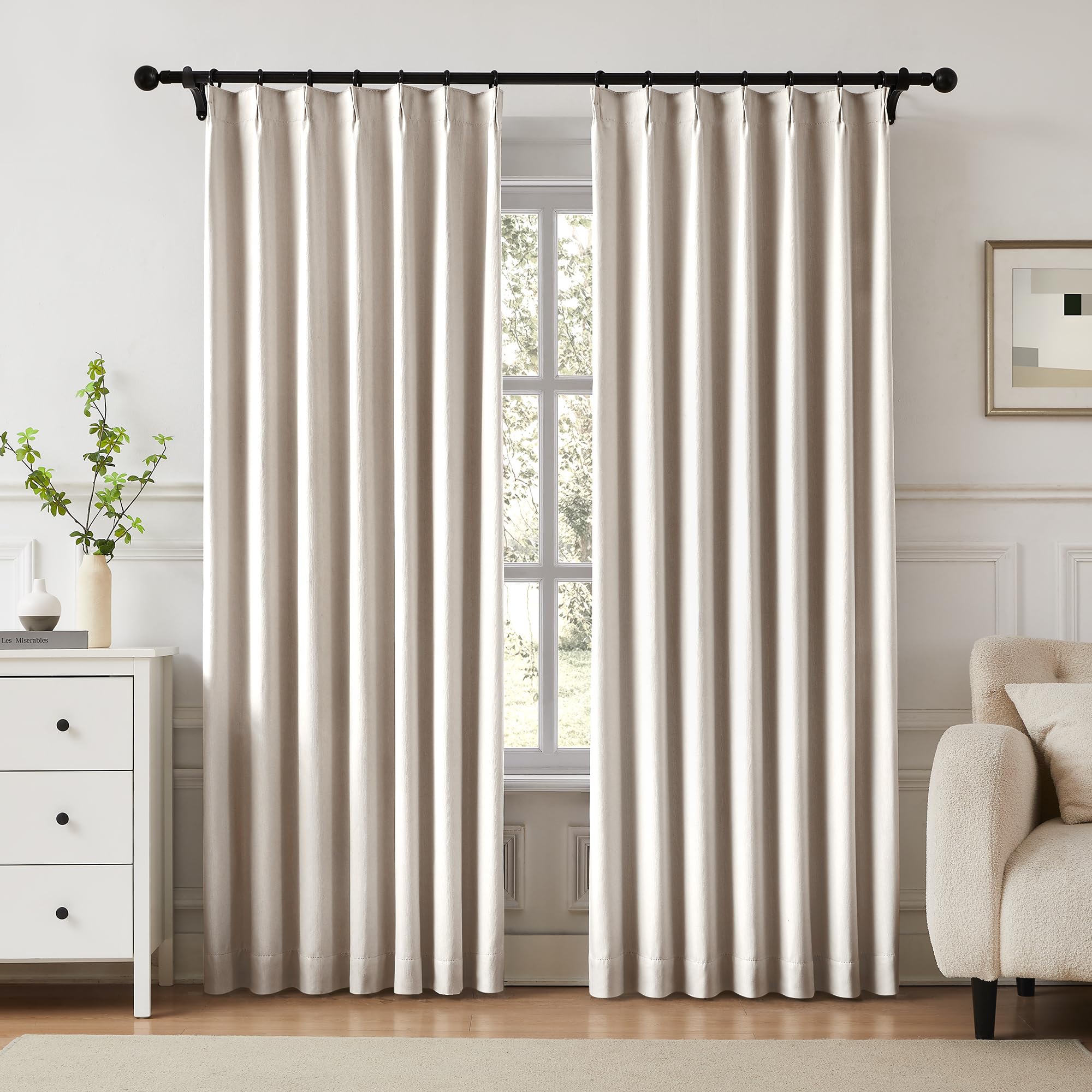 Photo 1 of Full Blackout Pinch Pleated Curtains for Bedroom Window Treatment Energy Efficient Thermal Insulated Drapes Ivory Back Tab Linen Strip Textured Weave Curtains 84 Inch Long with Hooks 40"x84", 2 Pcs