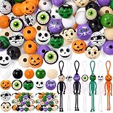 RattanView 130 Sets Wooden Beads for Craft Halloween Wood Beads for Jewelry Making Bracelets, Cute Characters Colored Ghost Bead with Braided Rope Pipe Cleaners for Party Home DIY Decor