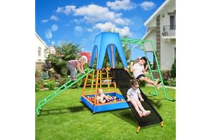 NAQIER 12FT Jungle Gym Backyard Monkey Bars Rock Climber Playground Sets for Backyards with Slide Canopy Outdoor Playset for Kids Age 3-8 Years