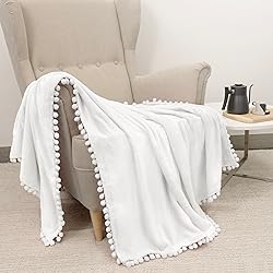 PAVILIA White Throw Blanket Pom Pom for Couch, Twin
