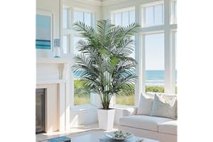 FLOWORLD Artificial Palm Tree with White Tall Planter, 7ft Tall Potted Artificial Silk Palm Tree Plant, Fake Tropical Plant, Home Office Floor Room Decor Plants Indoor Outdoor, Housewarming Gift