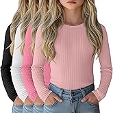 LessonZoo 4 Pack Girls Long Sleeve Shirts Ribbed Knit Cotton Crewneck Tops Slim Fit Soft Casual Kids Base Layer Undershirts