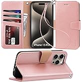 Arae Compatible with iPhone 15 Pro Case with Card Holder and Wrist Strap Wallet Flip Cover for iPhone 15 Pro 6.1 inch,Rose Gold