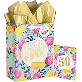 WRAPAHOLIC 13" Large 50th Birthday Gift Bag with Card and Tissue Paper - Floral 50th Birthday