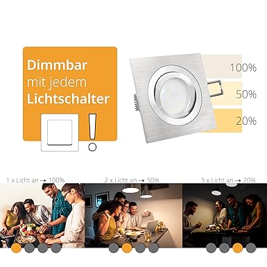 QF-2 Einbaustrahler flach eckig Alu gebürstet - LED Einbauleuchte dimmbar ohne dimmer mit fourSTEP Modul 5W warmweiß 230V