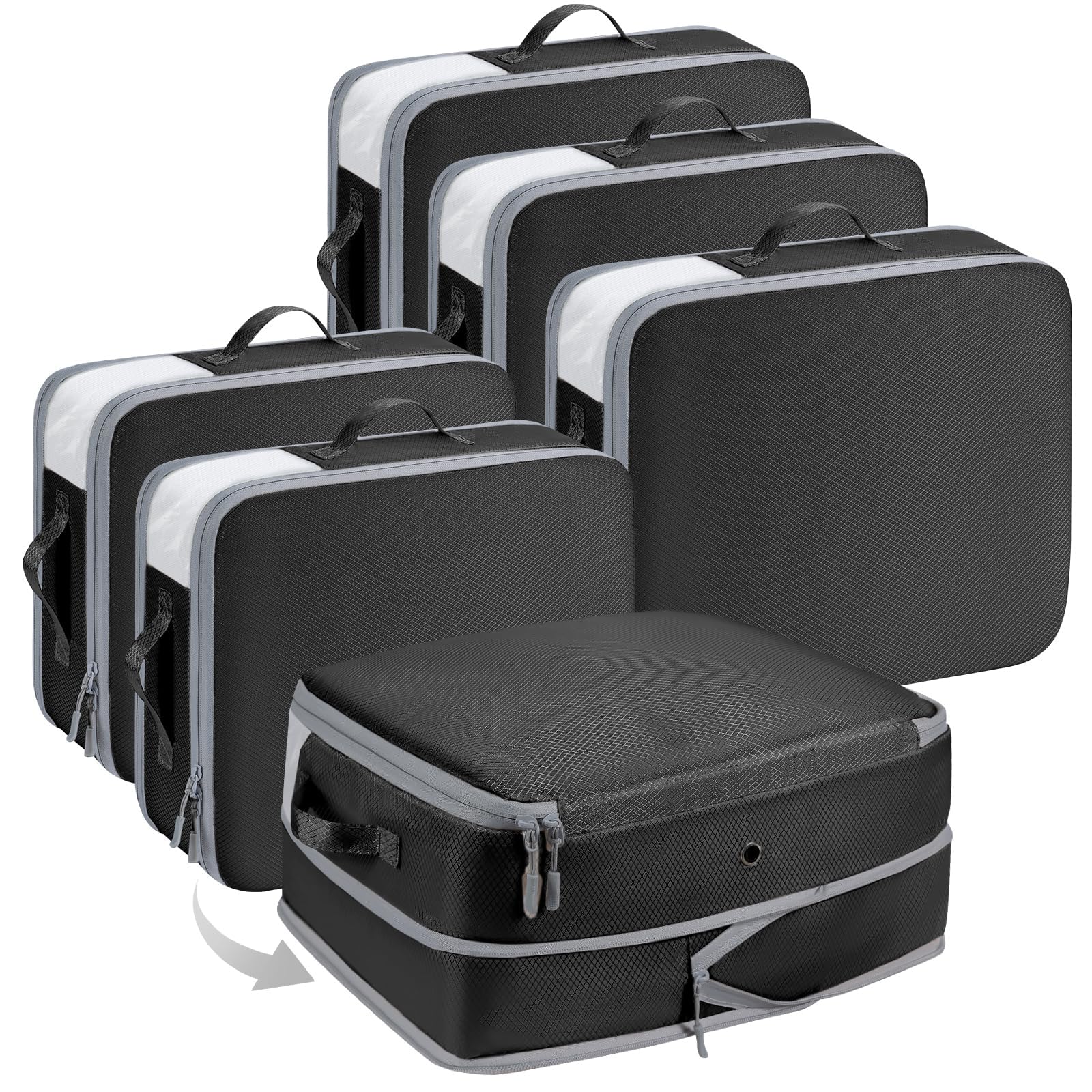 Homsorout Space Saving Compression Organisers - Set of 6, Expandable Storage Bags for Bedding & Clothing Large Capacity Compressible Packing Cubes with Clear Window, Black