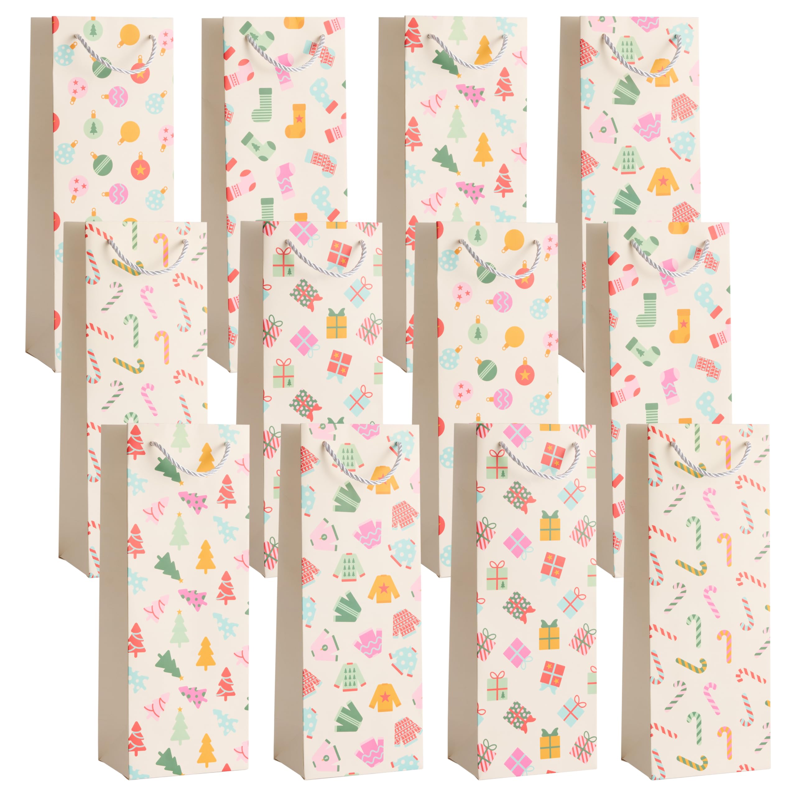 THE TWIDDLERS - 12 Christmas Wine Bags with Sturdy Rope Handles in Festive Pastel Xmas Designs, Gift Bottle Bags, 2 of Each Design, Festive Xmas Wine Bottle Bag - 35cm x 13cm