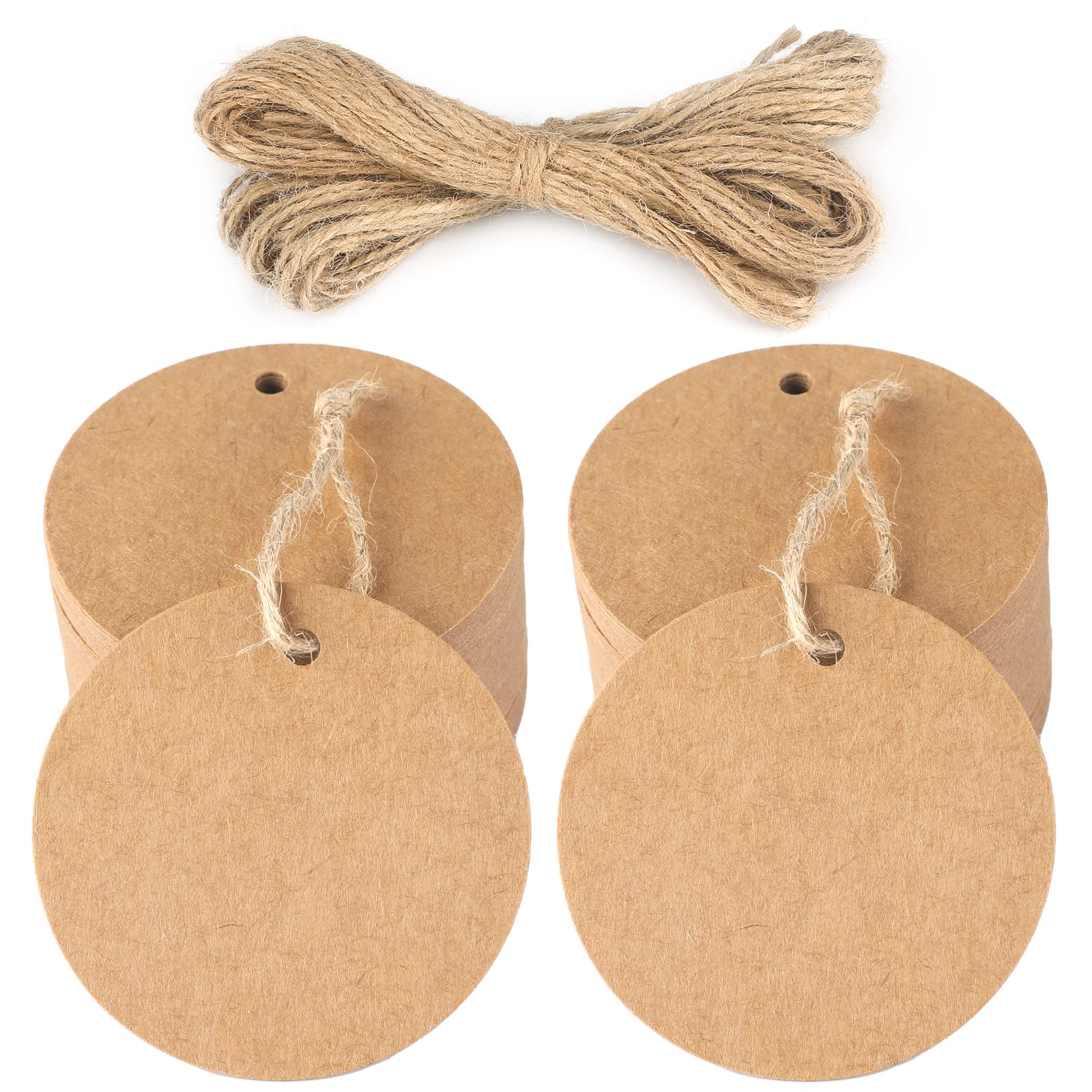 jijAcraft Brown Round Gift Tags, 200PCS Kraft Paper Tags Labels, 5.5CM Hanging Tags with 30M Jute String for Art & Craft