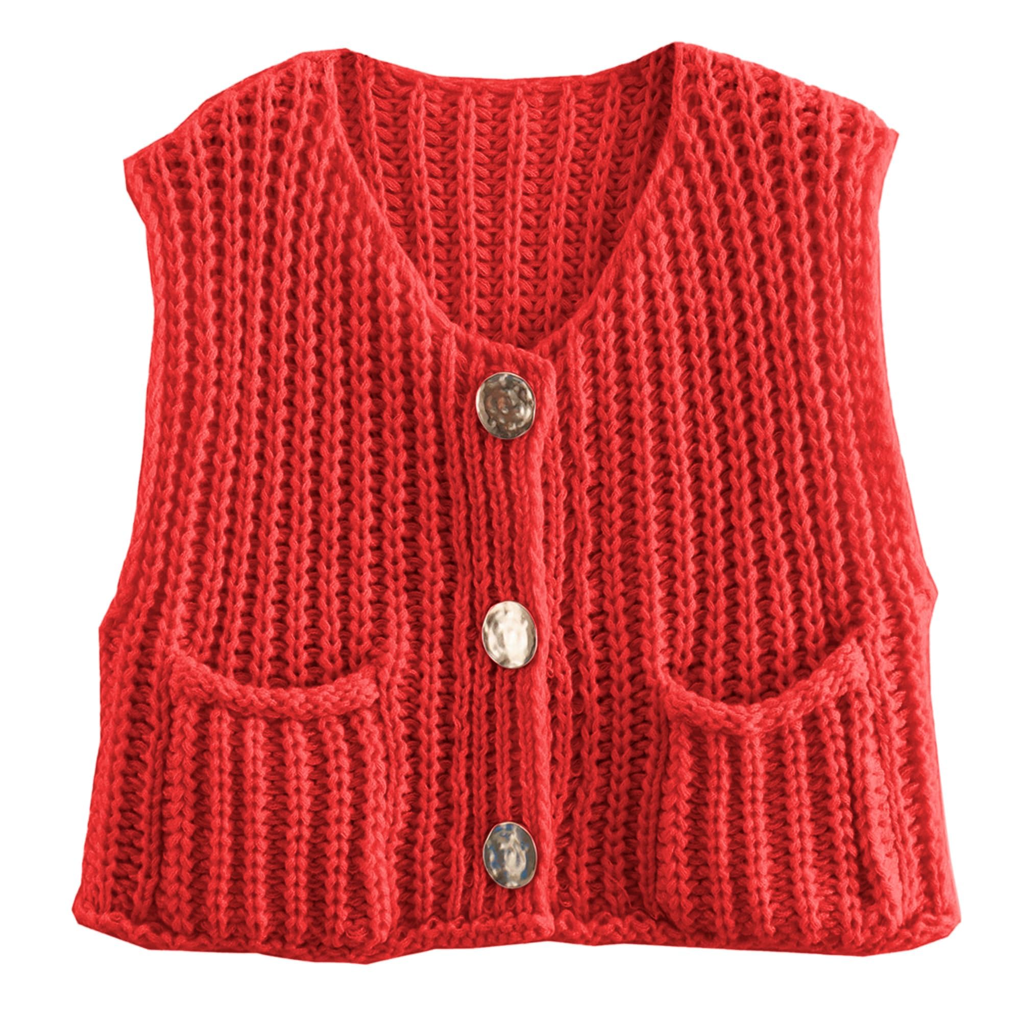 Photo 1 of (MEDIUM) (BAGGED) Hixiaohe Womens Crochet Chunky Knit Top Sleeveless Button Down Crop Tops Trendy Cardigan Sweater Vest for Women with Pockets(Red,M), Medium