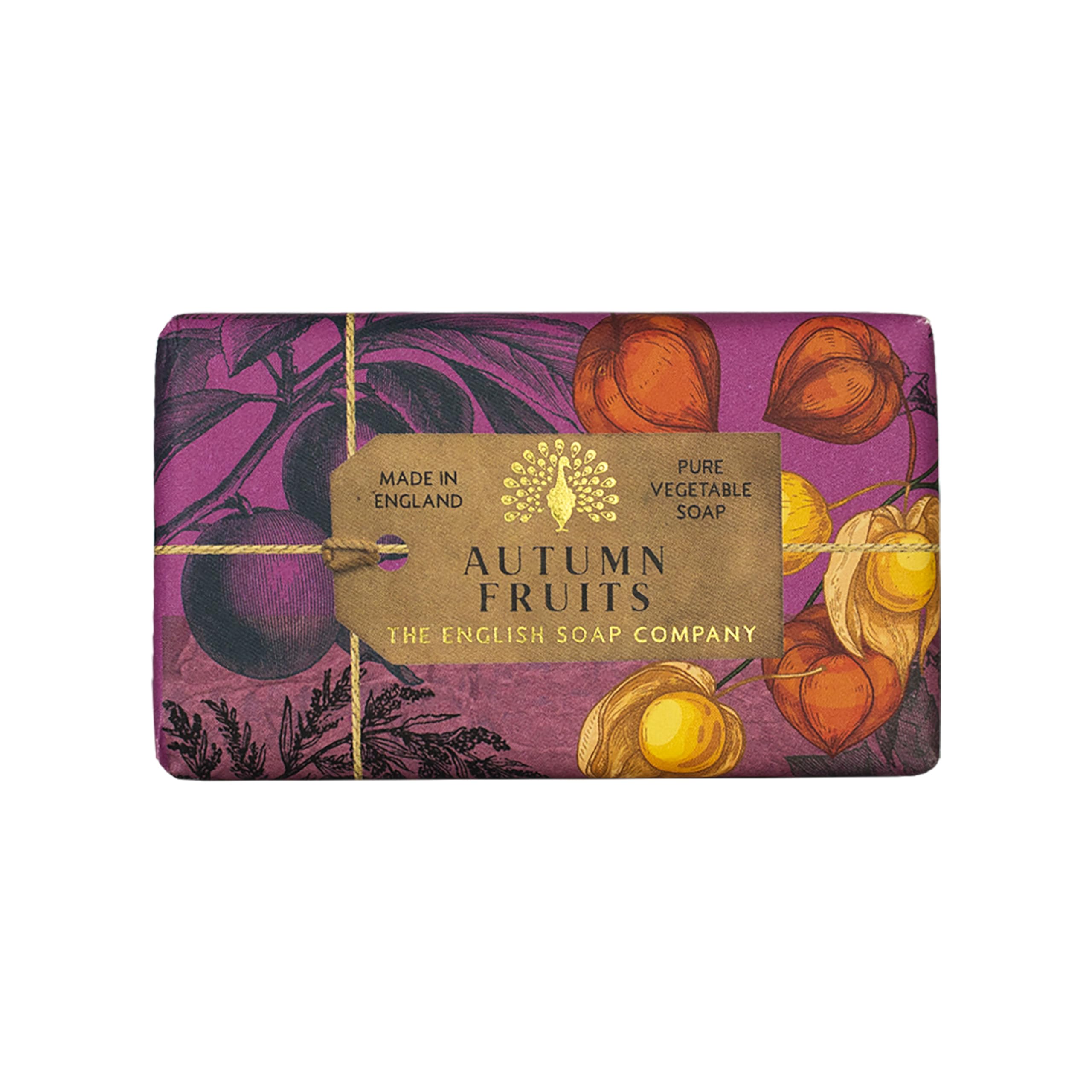 The English Soap Company Anniversary Autumn Fruits Soap - Luxury Shea Butter Bar with Peach, Rhubarb and Cedarwood Notes - Vegan Friendly, Plastic-Free Recyclable Packaging, Made in England - 190g