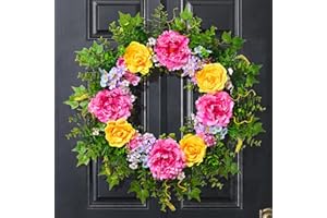 Livole 24 Inch Spring Wreaths for Front Door with Sash, Artificial Summer Wreath with Peony Rose Wildflower Daisy for Indoor 