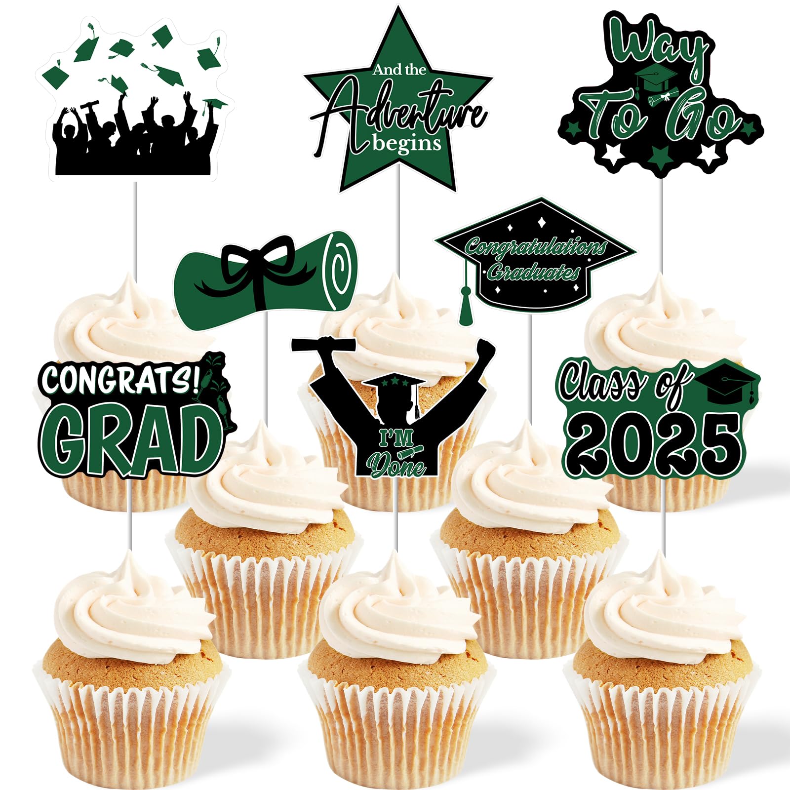 Photo 1 of 2025 Graduation Cupcake Toppers - 48 Pcs Green Graduation Party Supplies Mini Cake Food/Appetizer Picks For Class of 2025 Grad Decorations
