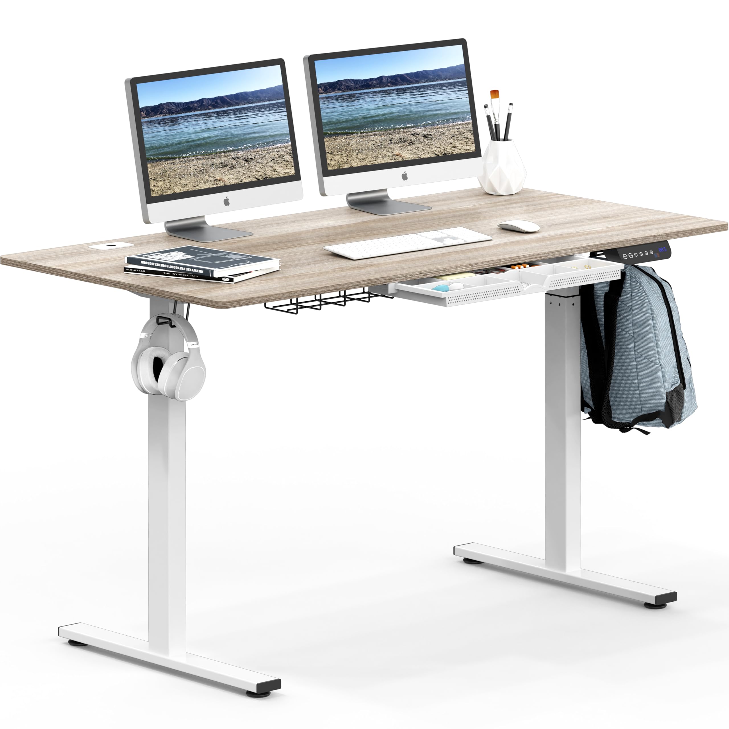Photo 1 of SHW 55 x 28 Inches Electric Height Adjustable Standing Desk with Drawer and Memory Preset, Maple