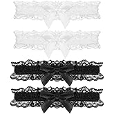TIESOME 4 Pcs Lace Leg Garter, Lace Bridal Garter with Bow, Elastic Thigh Garters for Bride, Tossing Prom Party, Black & White
