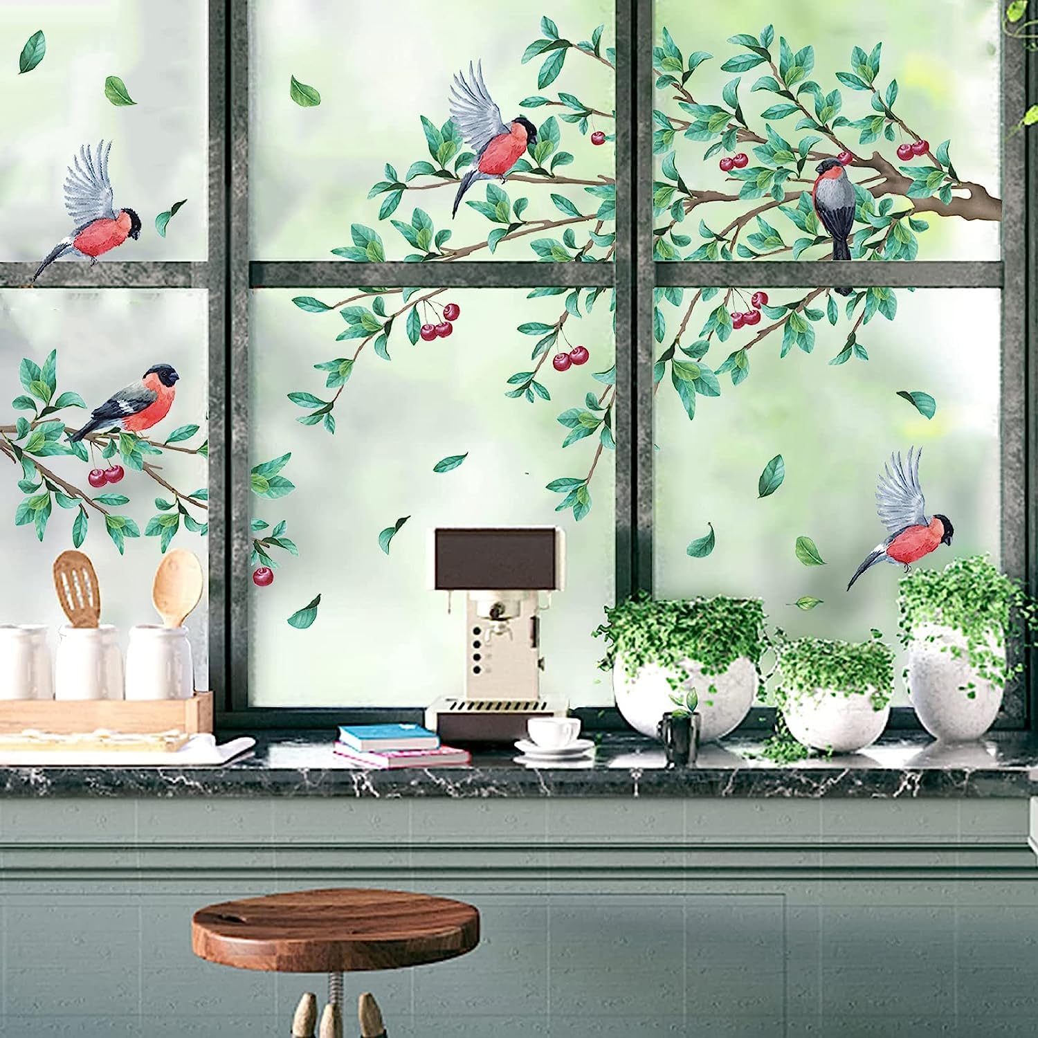 TOARTi Birds Tree Branches Window Stickers for Spring Decorations,Green Leaves Plant Leaf Wall Stickers for Living Room Decor,Cherry Blossom Wall Decal for Bathroom,Transfers for Furniture — image 1