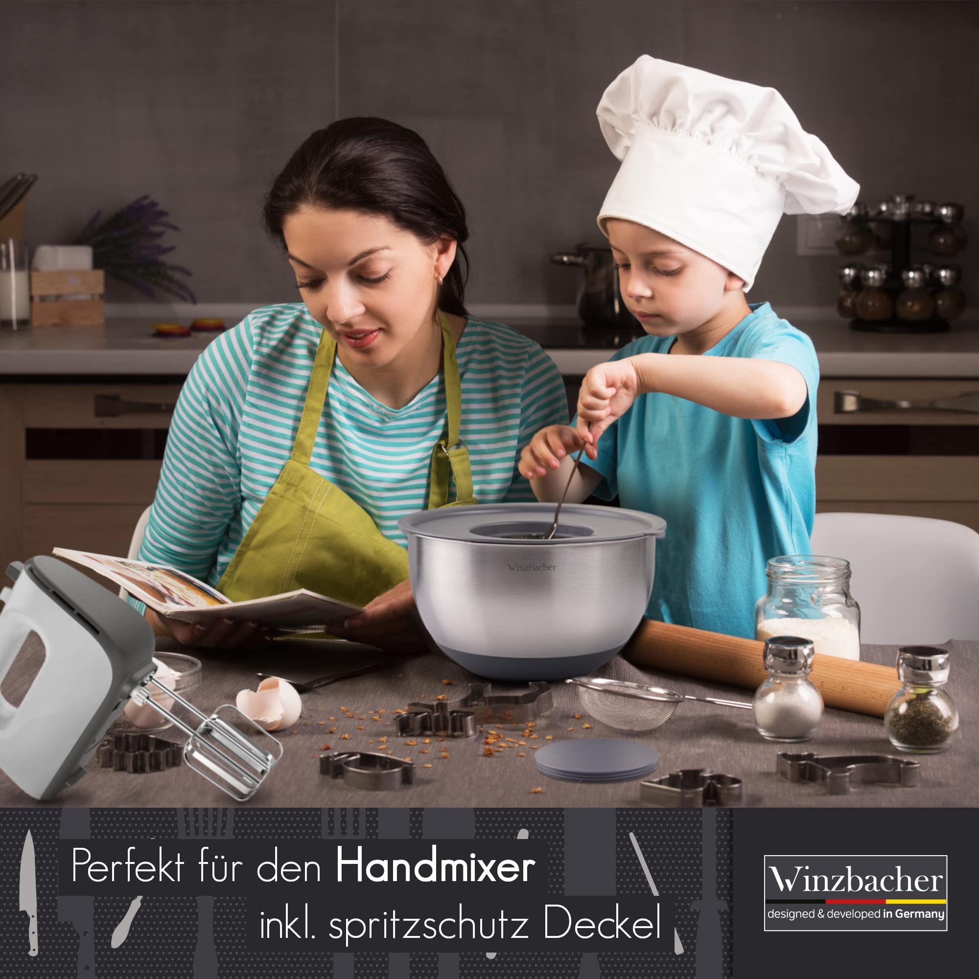 Winzbacher Edelstahl Schüssel mit Deckel [5er Set] 1l + 1.5l + 2.5l + 3.5l + 4.5l | Rührschüssel, Salatschüssel, Schüsselset, | rutschfest | stapelbar | inkl. Reibe 6